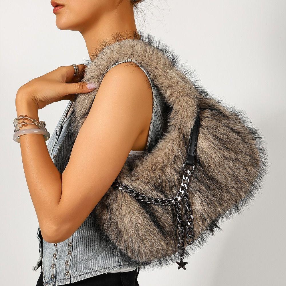 Stars Chains Fluffy Hobo Bags Y2k Fluffy Tote Bag Portable PU Handbag Lady
