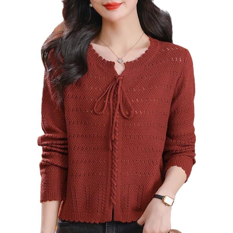 Round Neck Knitted Sweater for Women Solid Color Design Sun Protection Jacket New Lace Up Design