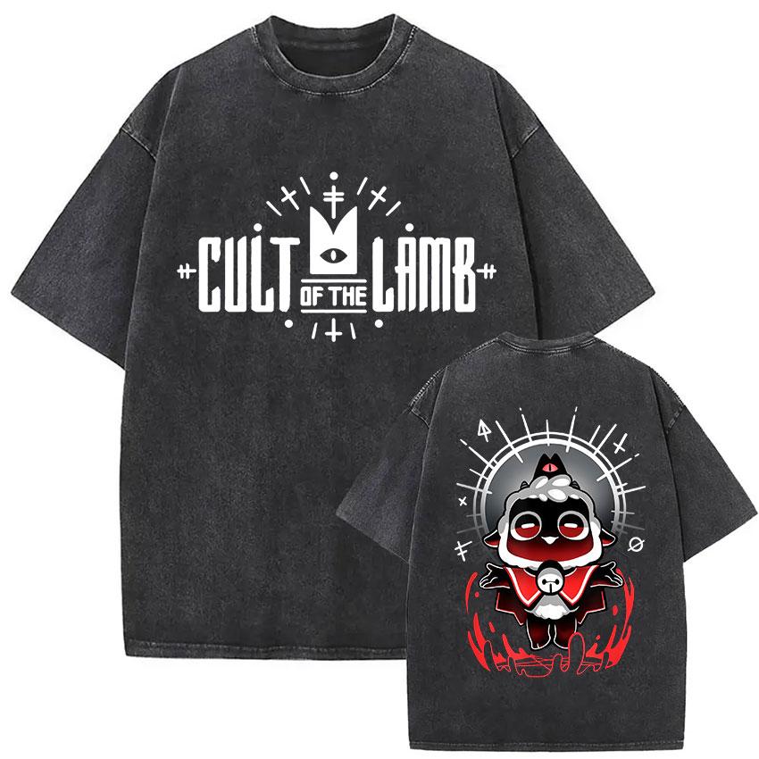 Cult of The Lamb Camiseta Lavada Vintage para Hombre Holgada Moda Humorística Camisetas de Manga Corta Ropa de Verano Camiseta