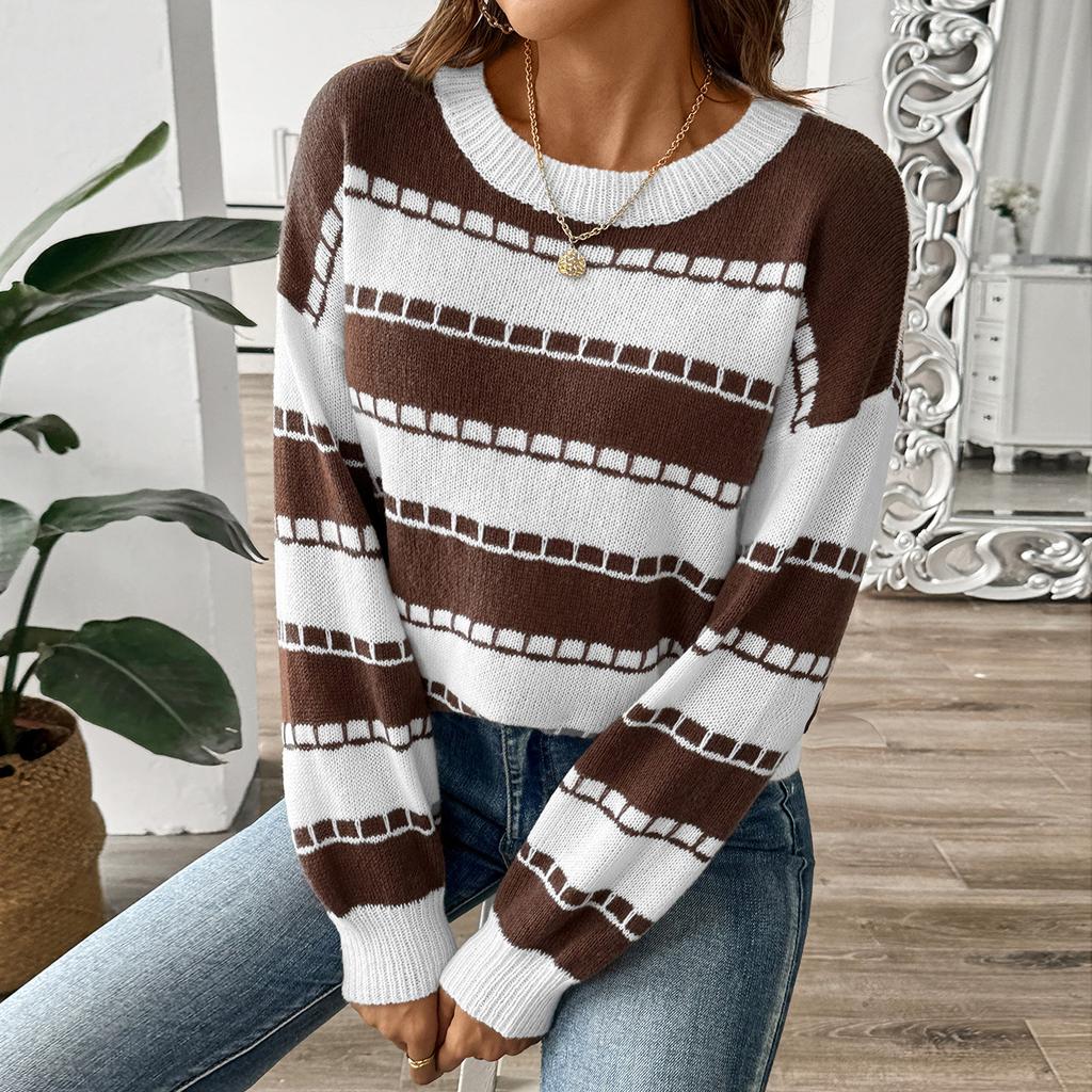 Bike-style striped color-block top plaid knit sweater in-stock autumn/winter long-sleeve pullover sweater