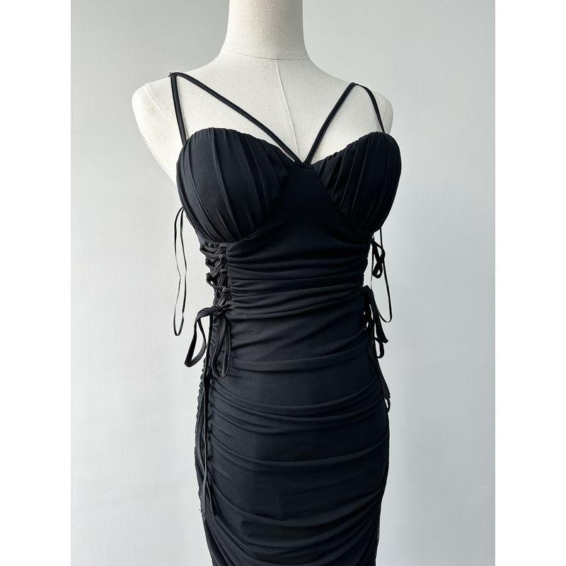 

Foreign Trade Pure Original Texture Mesh Sexy Large Gyaru Mid-Length Waist Hugging Pleat Strap Sling Split Dress Women Black L