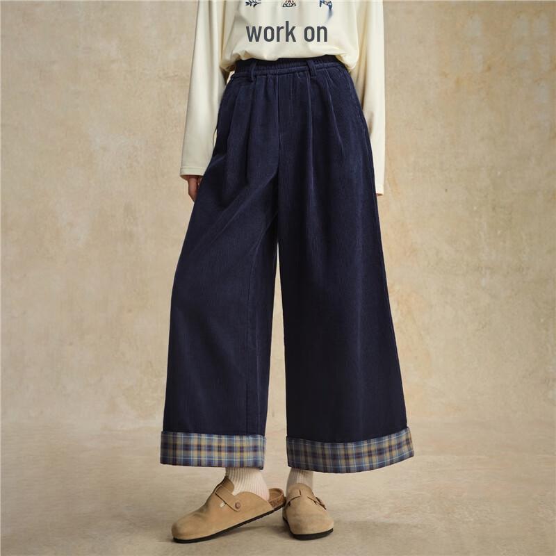 Giordano Women's Corduroy Plaid High-Waist Cropped Wide-Leg Pants