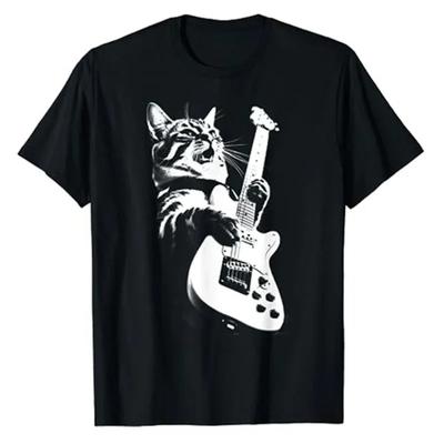 Vtipná Kytarová Kočka Rock Humorný Milovník Koťat Kočka Hrající na Kytaru Tričko Grafické Tričko Roztomilá Hudební Rock Komiksová Koťátka Oblečení Dárek