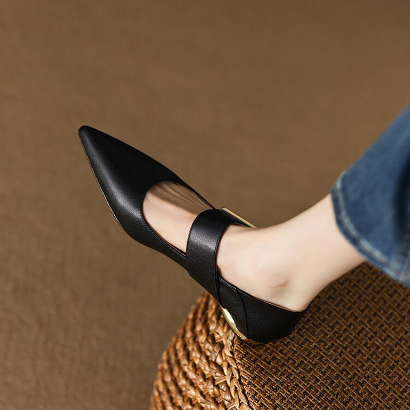 New four seasons pointed fashion single shoes women's buckle fashion solid color non-slip beef tendon sole large size soft sole cowhide women's shoes