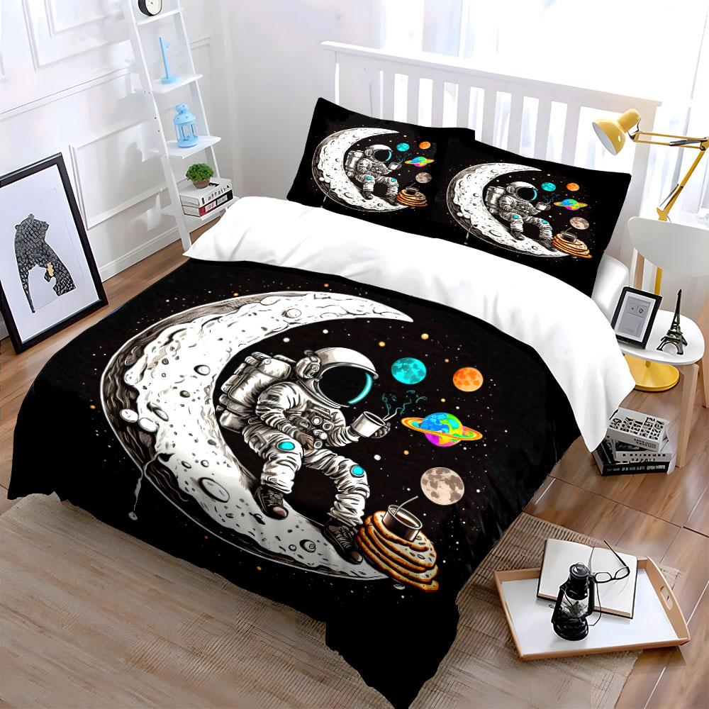 Astronaut, moon, coffee, planets Print Bedding Set 1 Duvet Cover 2 Pillowcases for Adult and Children Luxury Gift Full Size