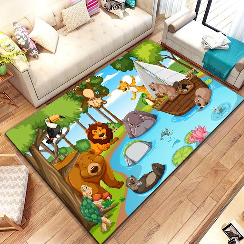 Dzikie Zwierzę Kreskówkowe Dywanik Obszarowy, Dywan ze Zwierzętami Safari Afrykańskiego dla Dzieci, Dekoracja Pokoju Kawaii, Mata Wejściowa, Mata Podłogowa Dzikie Zwierzęta Dżungli