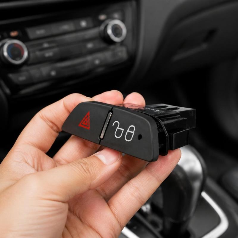 Black Hazard Warning Button Control Switches BM5T13A350AA, Dashboard Light Replacement Part with Red Hazard Icon and Plastic Housing Body Panel