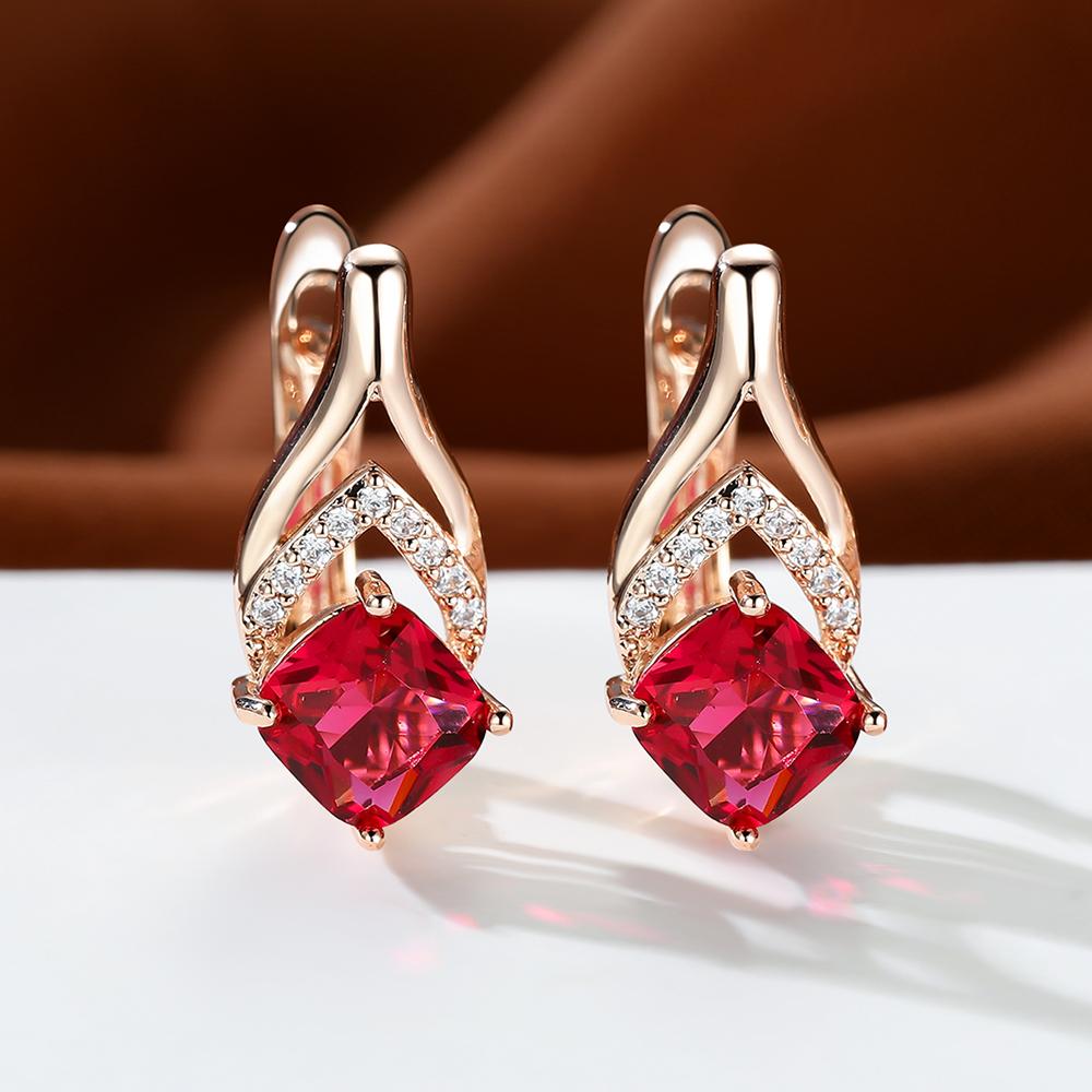 Vintage Fashion Princess Cut Red Stone Clip On Hoop Earrings Wedding Engagement Banquet Earrings for Women Anniversary Gift