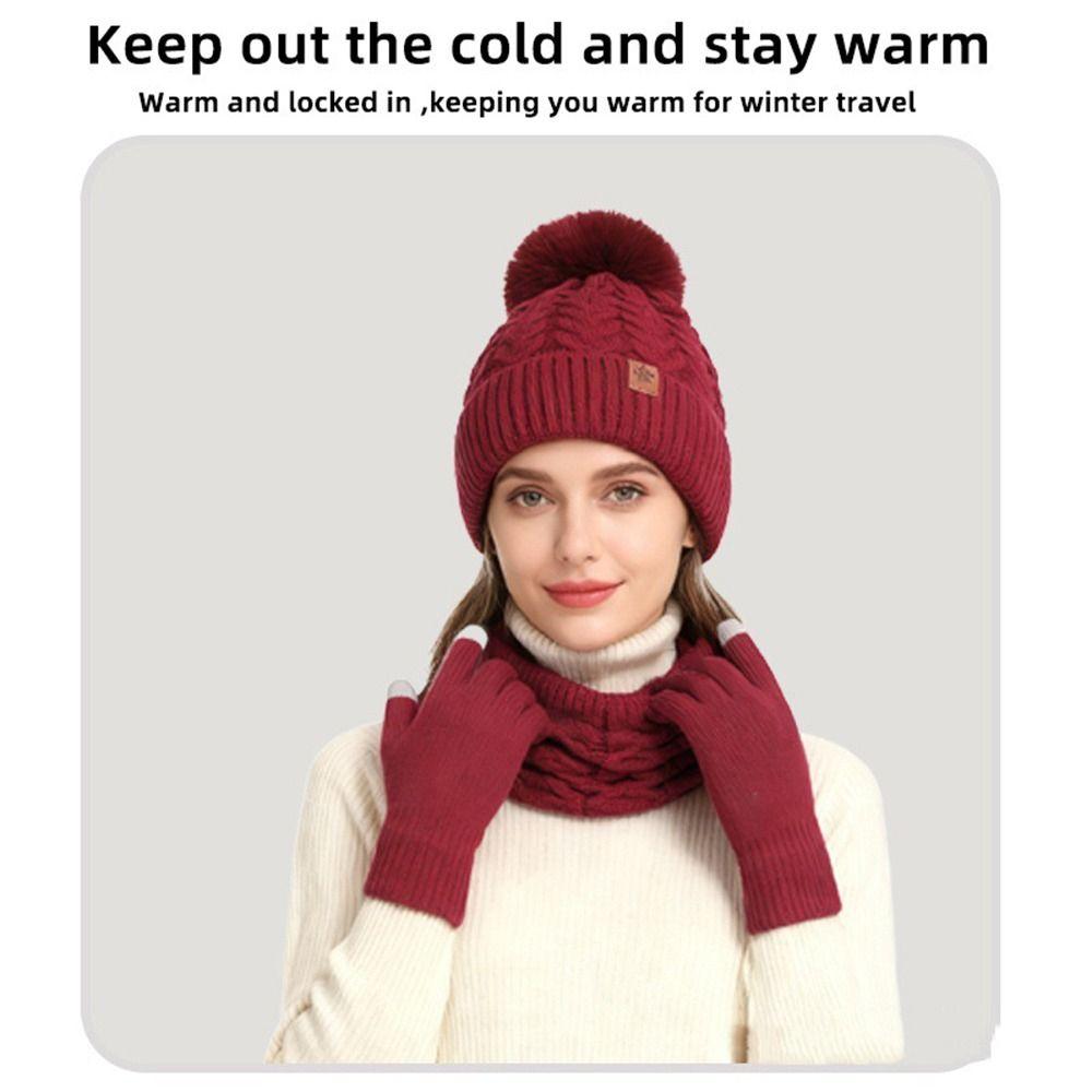 Beanie Hat Pompom Beanies Hat Solid Color Winter Knit Gloves Set Outdoor