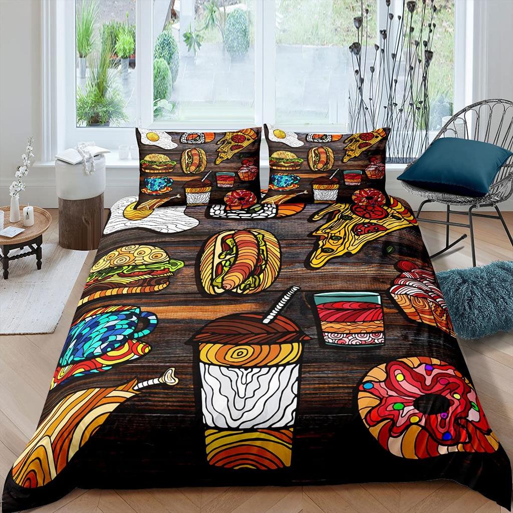 American Fast Food Duvet Cover Set Full Size Pizza Hotdog Comforter Cover Hamburger Print Bedding Set French Fries Quilt Cover