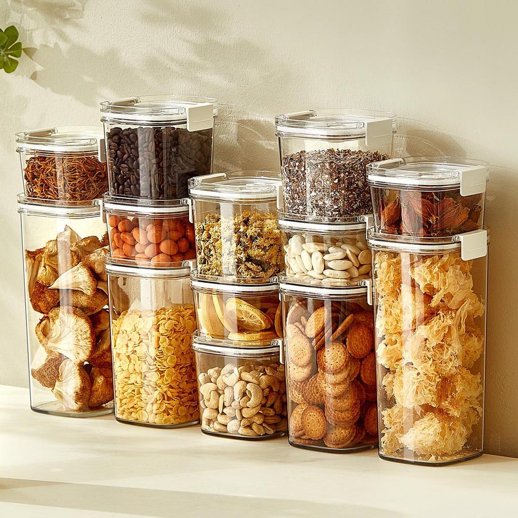 Single-Button Vacuum-Sealed Transparent Storage Jar - Square Plastic Container for Snacks and Grains