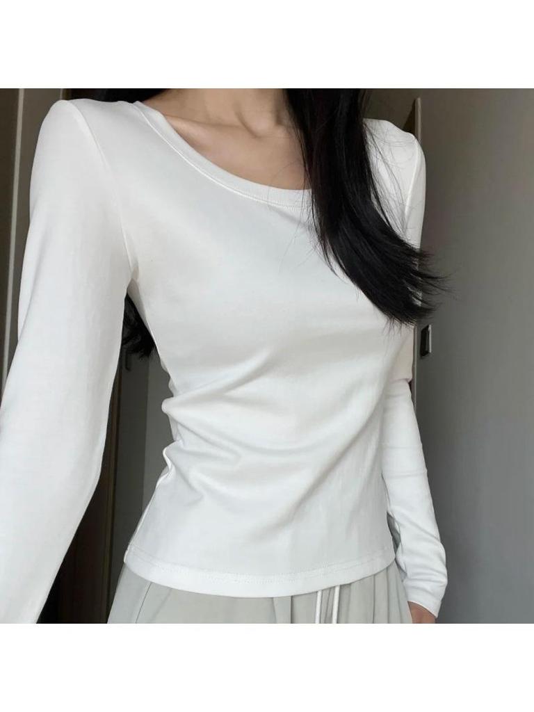 Women's White U-Neck Slimming Long-Sleeve Base Layer Top