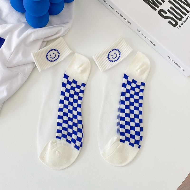 Women's Spring and Summer Light and Trendy Invisible Short Socks Blue Cartoon Smiling Face Glass Sole Boat Socks