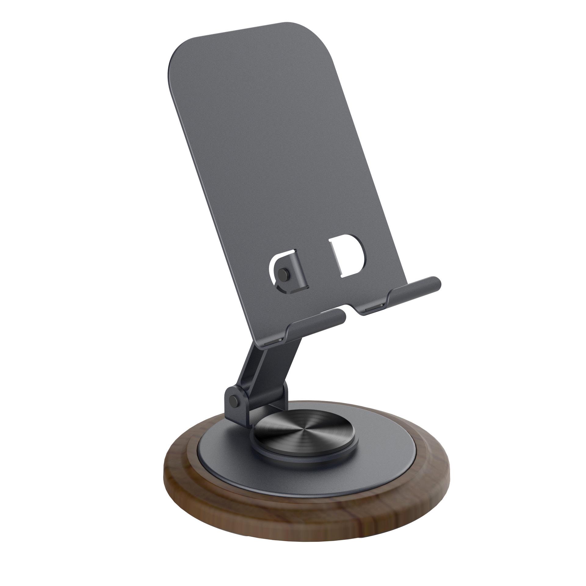 Walnut Wood Grain Phone and Tablet Holder: Adjustable Height, Foldable, 360° Rotation, Universal Stand