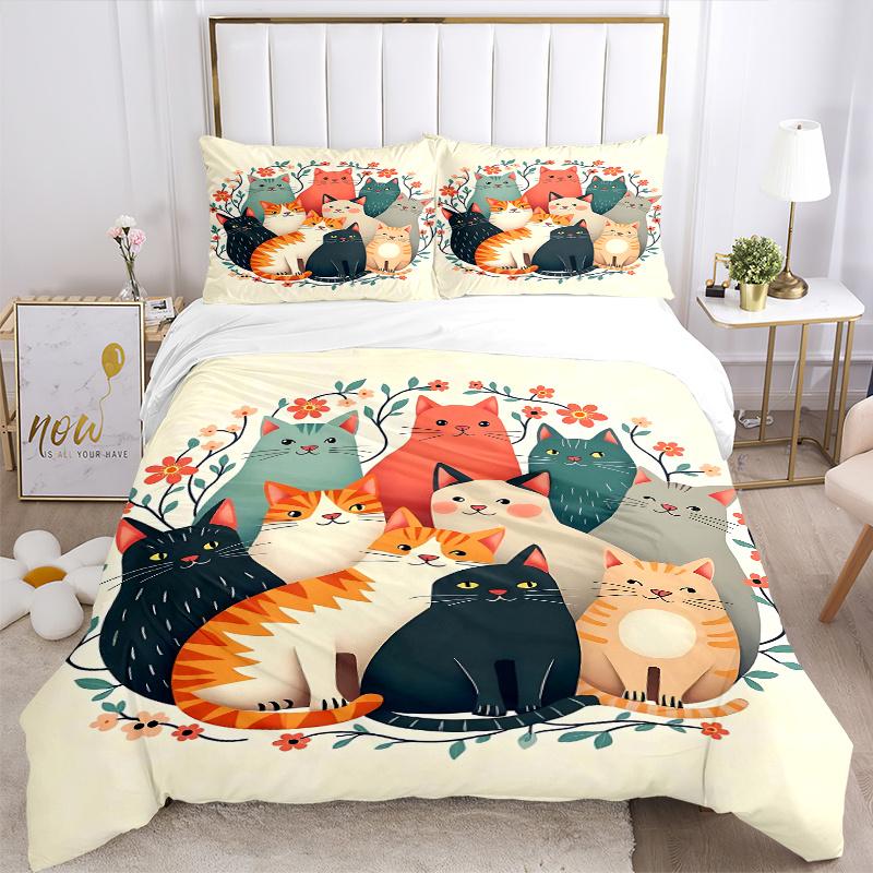 3pcs Cats & Flowers Quilt Cover Set - Soft & Comfortable Polyester Fabric, All-Season Breathable Comforter Set For 1 Quilt Cover & 2 Pillowcases