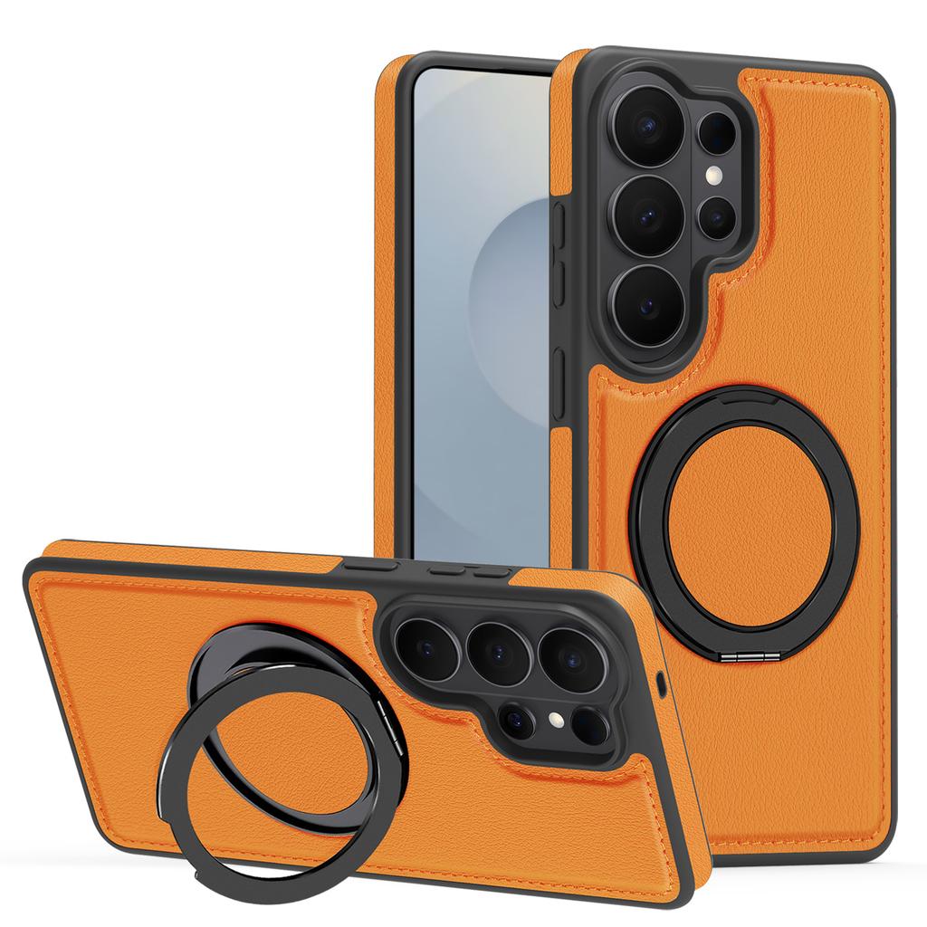 For Samsung Galaxy S26 Ultra Magnetic Case with Ring Kickstand PU Leather Back Cover