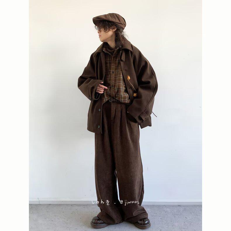 Unisex Retro Japanese Woolen Coat - Single-Breasted, Loose Fit, Raglan Sleeve