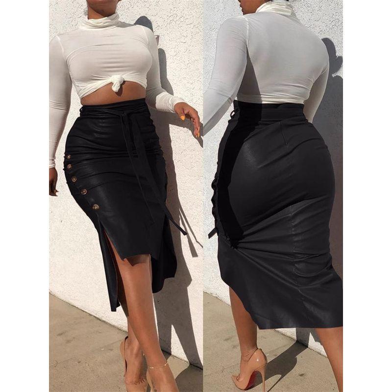 Solid Color Lace up Waist Hugging Skirt Pure Color Tied Sheath Skirt for Women
