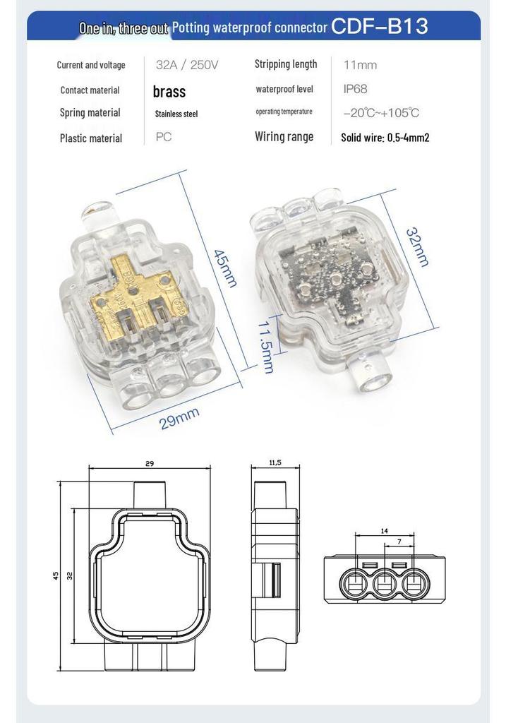 Compact Waterproof 2-In 2-Out Quick Wiring Terminal for Single Strand Hard Wire
