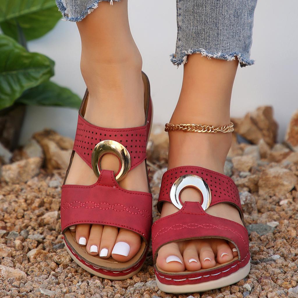 Summer Women's Toe-Exposing Sandals Casual Metal Buckle Sandals Wedge Heel with Thick Sole Openwork Slip-On Women's Shoes