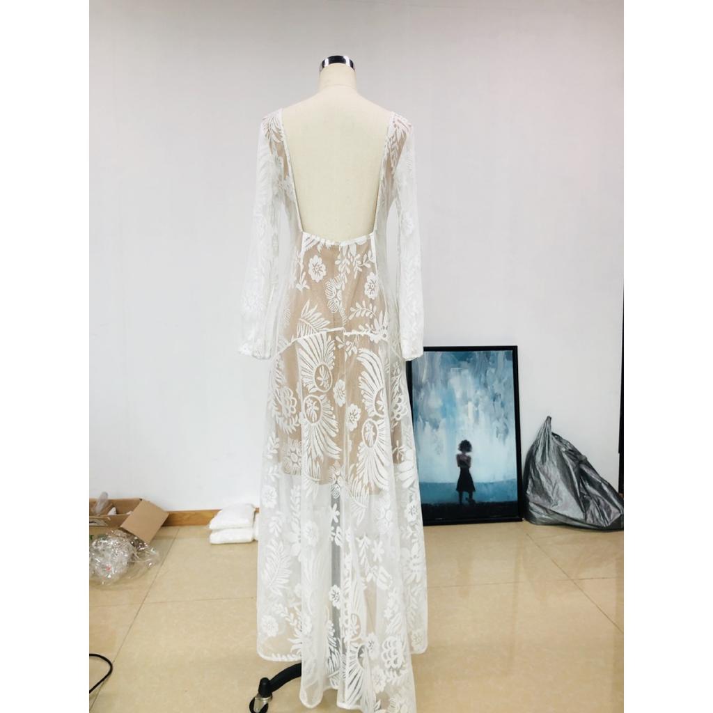 New European American Style Deep V Backless Tulle Embroidery Puff Sleeve Dress Evening Party Gown