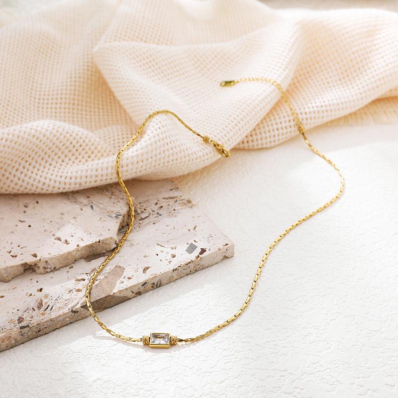 Luxury Shiny Square Crystal Pendant Necklaces Retro Stainless Steel Choker Necklace Wedding Zircon Women Accessories золотой