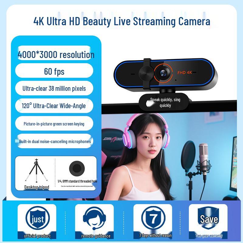 4K Ultra HD 60fps Streaming Camera with USB & Microphone for Desktop/Laptop