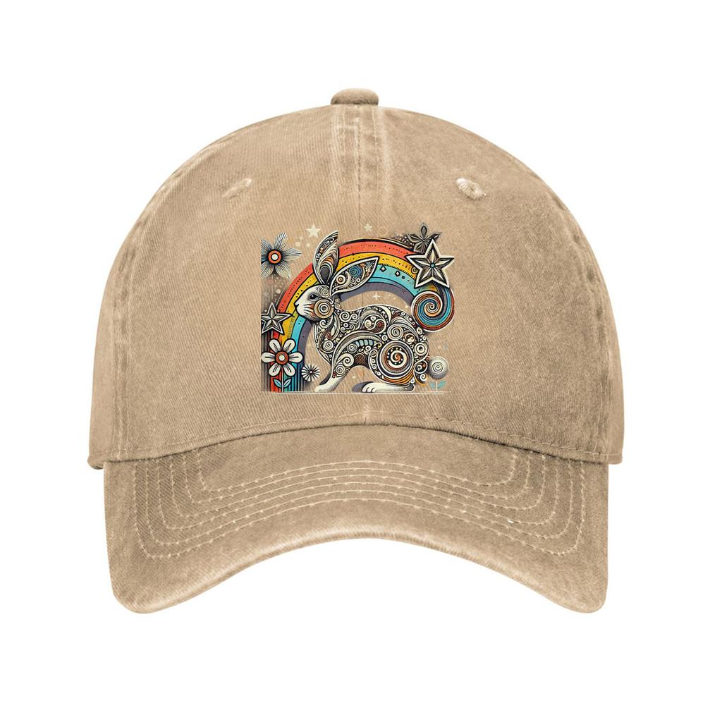Bohemian Rainbow Bunny Baseball Cap Distressed Cotton Vintage Style Casual Adjustable Hat for Adults