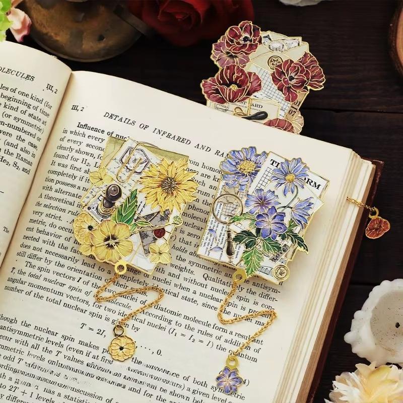 Vintage European Metal Bookmark with Pendant Exquisite Flower Reading Book Tab with Charm Set Teacher Gift Student Supplies