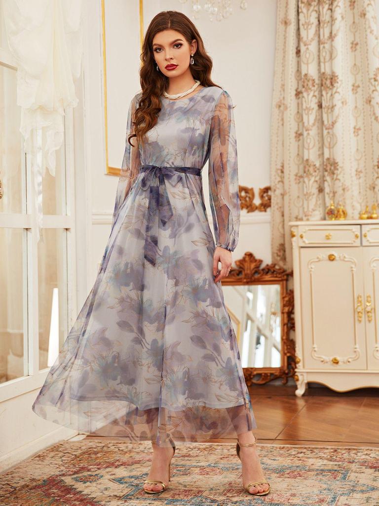 2025 French Elegant Women's Mesh Print Waist-Cinching Dress