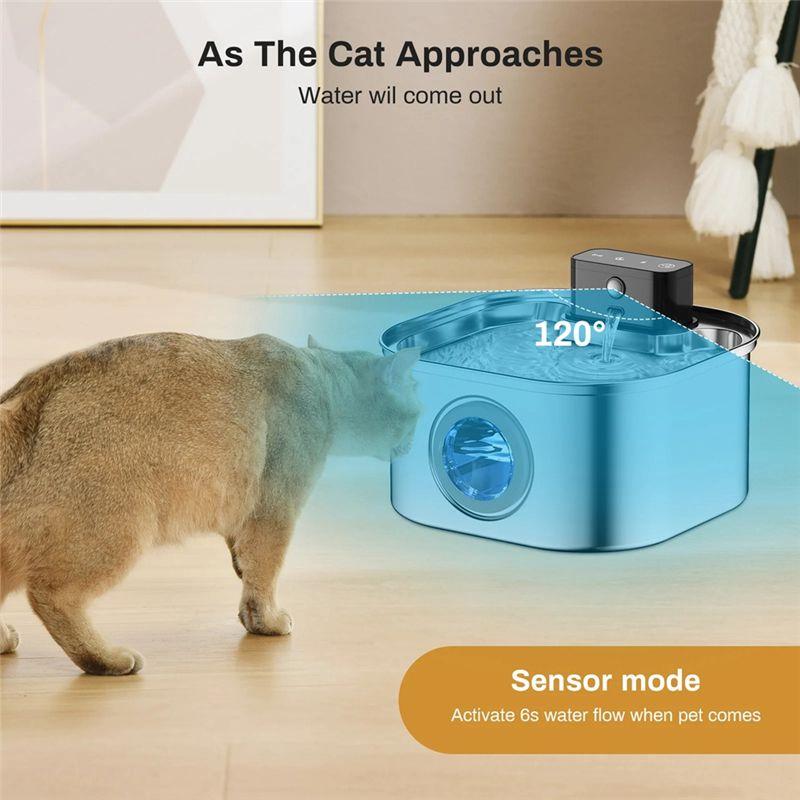 Fontanella per Acqua per Animali Domestici Pratica 3.2L Acciaio Inossidabile Senza Fili a Batteria Sensore di Movimento Silenziosa Filtrata Dispenser per Acqua per Gatti e Cani