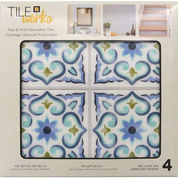 Carrelage mural faïence adhésive carreaux de ciment bleu-blanc - 4 fois 25x25cm