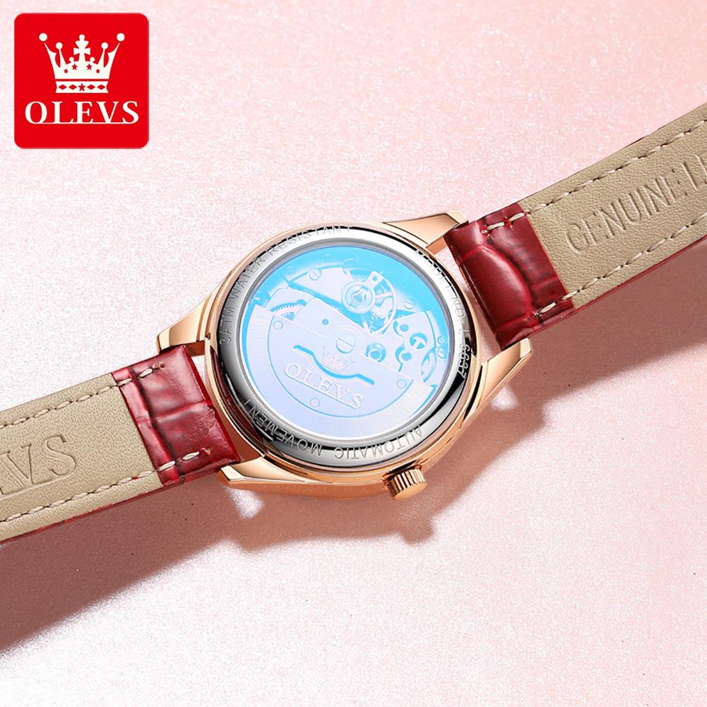OLEVS 6637 Luxury Women's Watches Waterproof Leather Strap Diamond Bezel Original Automatic Mechanical Wristwatch Date Week