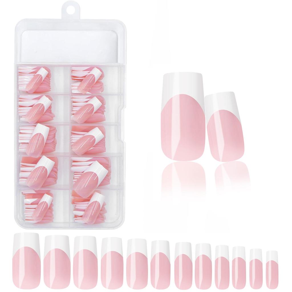 120-Piece Black & White French Square False Nails Set - Reusable Wear-On Manicure Tips