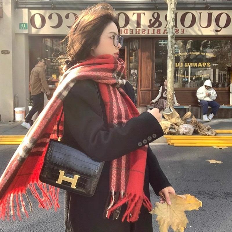 Scarf women's winter new plaid Christmas red student versatile warm thickened scarf shawl advanced sense