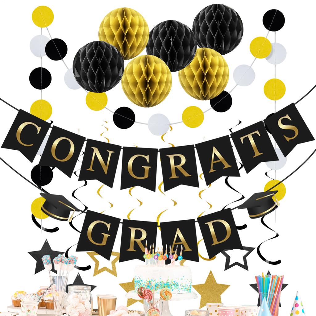 2026 Graduation Banner Graduation Theme Sign Ornament Paper Stars Balls Happy Graduation Banner For College High School
