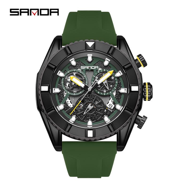 Sanda Men s Fashionable Three-Eye Six-Needle Quartz Wristwatch with Single Calendar