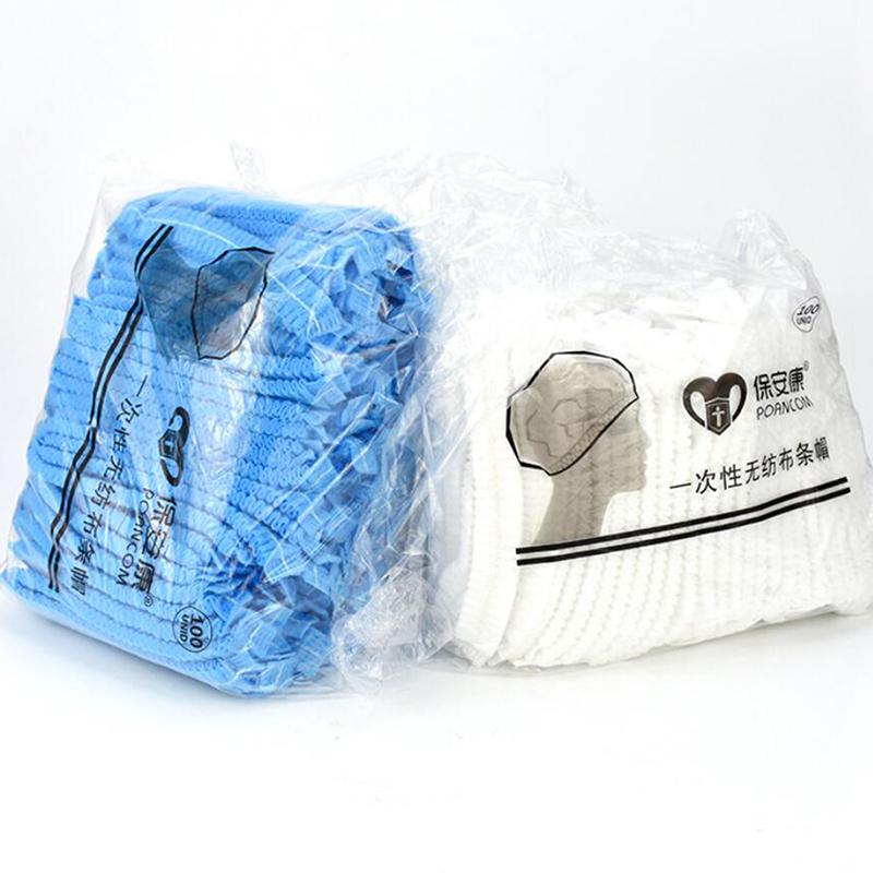 100 Stück Einweg-Vliesstreifen-Hut Hotel Werkstatt Staubkappe Blau Weiß Duschhaube Bequeme Einfache Einfarbige Hüte