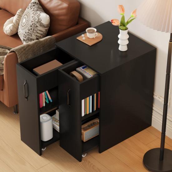 Open Storage Shelf Bookcase with Casters, Mobile Sideboard Pull-Out Side Drawer, Large Edge Document Protection, Reversible Left/Right Configuration -