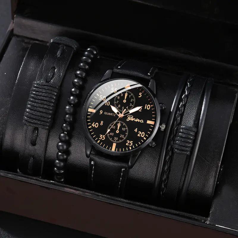 Men's Canvas Quartz Watch & PU Bracelet Set with Single Calendar & Faux Three-Eye Design