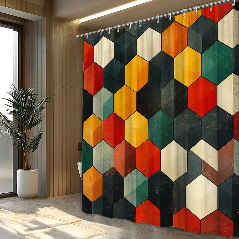 1 szt. Sześciokątna Artystyczna Zasłona Prysznicowa - Retro Mozaika, Czerwony Żółty Zielony Niebieski Biały Na Ciemnobrązowym, Poliester, Dekoracja Łazienki