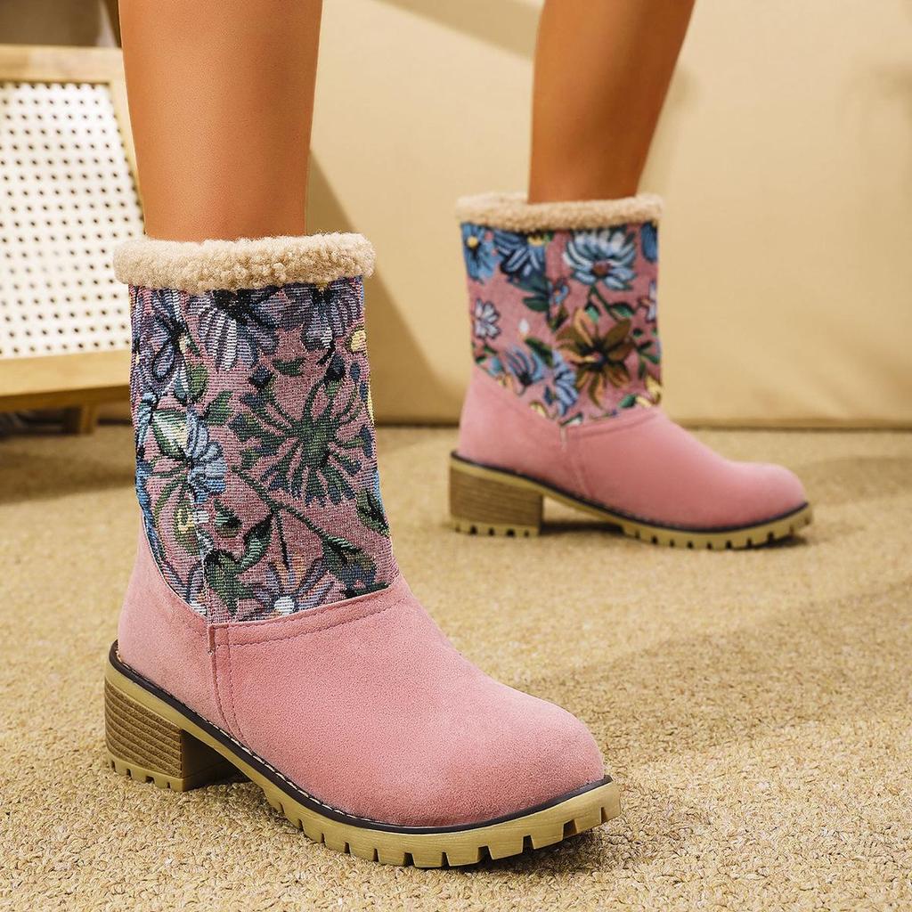 Bottes de Neige en Daim Floral Grande Taille pour Femmes Décontractées Mi-Mollet Imperméables à Plateforme Talon Épais Fourrure Polaire Antidérapantes Coton Chaussures Bottes 35-43