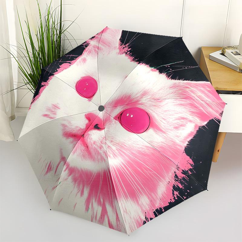 1pc Cat PinkAutomatic Folding Umbrella, Portable Collapsible Design, Casual Outdoor Accessory, for All Seasons 002