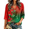 Top Casual da Donna con Scollo a V e Maniche 3/4 con Stampa Natalizia