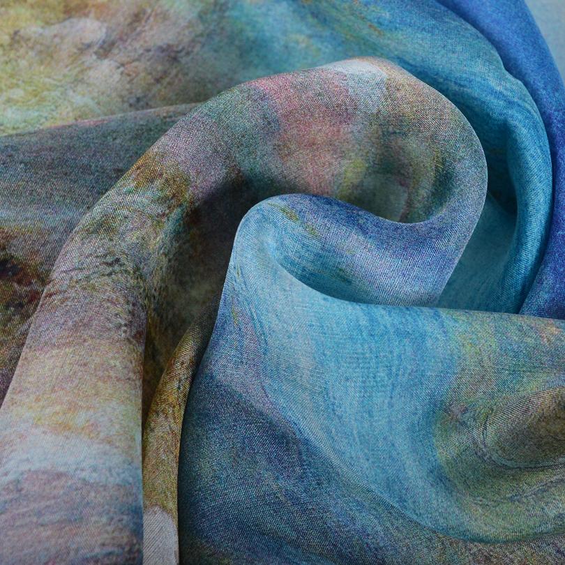 BYSIFA|Blau 100% Seidenchiffon Schal Stola Neu Frühling Herbst Schäferdesign Damen Lange Schals Sommer Strandstola Winterschals