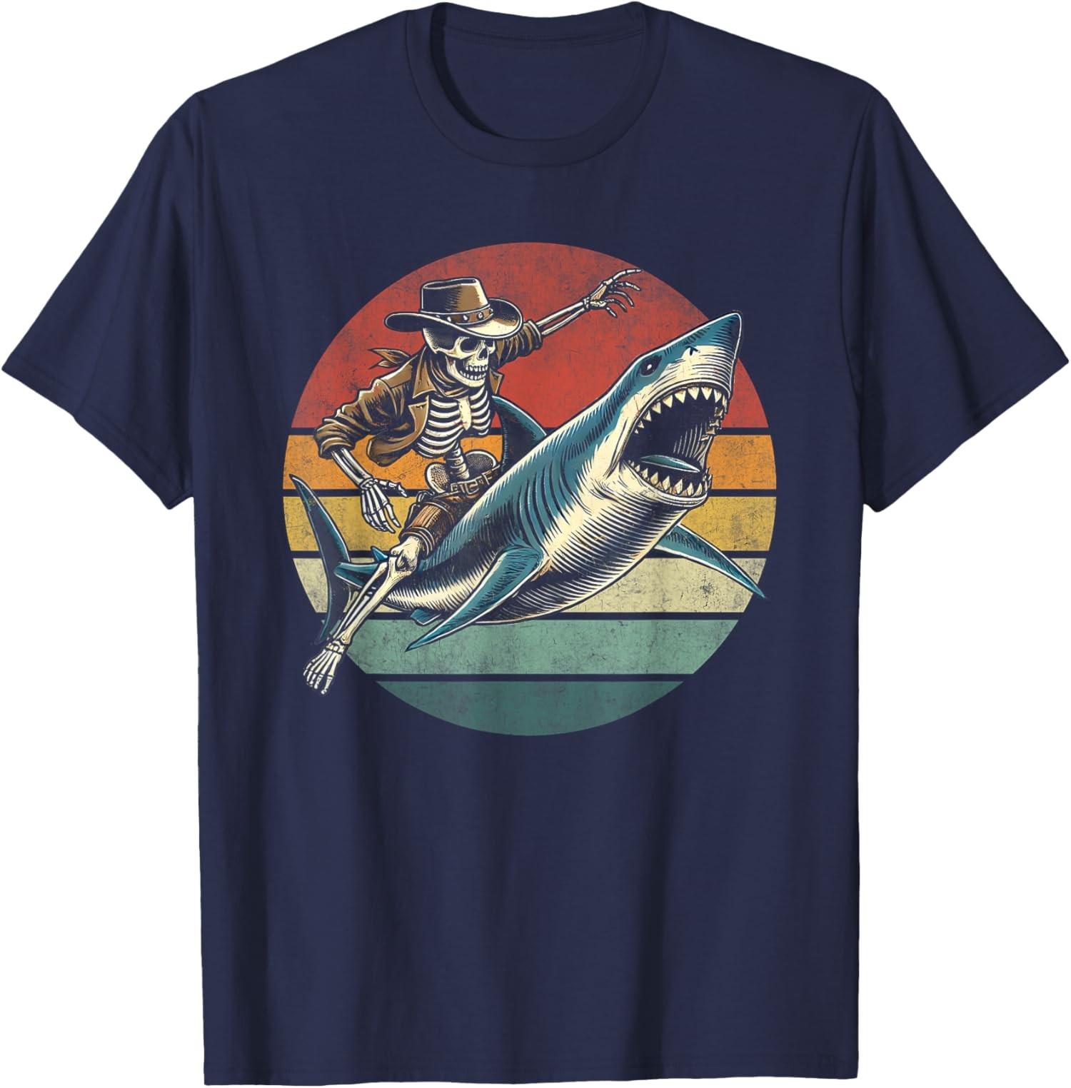 Skeleton Cowboy Rodeo Shark Funny Vintage Riding Unisex T-Shirt S разноцветный