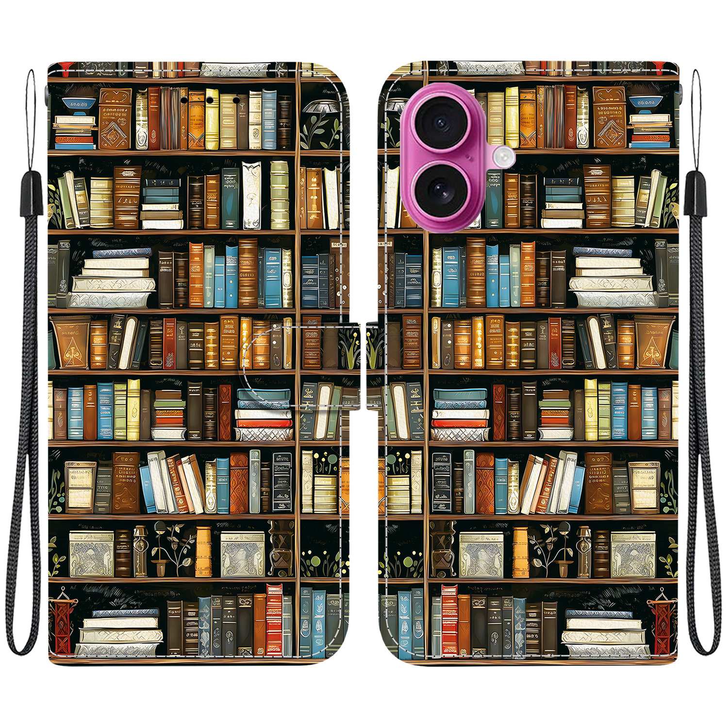 

For iPhone 17 Leather Case Stand Wallet Pattern Printing Phone Cover with Wrist Strap Bookshelf