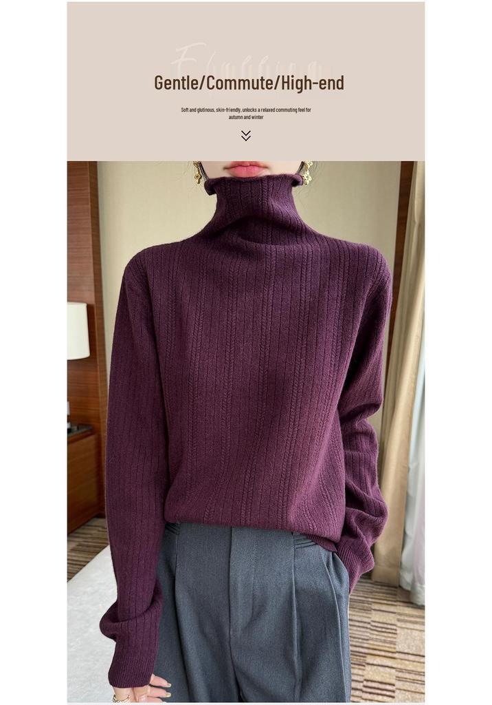 Women's Pure Wool Ribbed Turtleneck Sweater - Autumn/Winter Versatile Commuter Base Layer