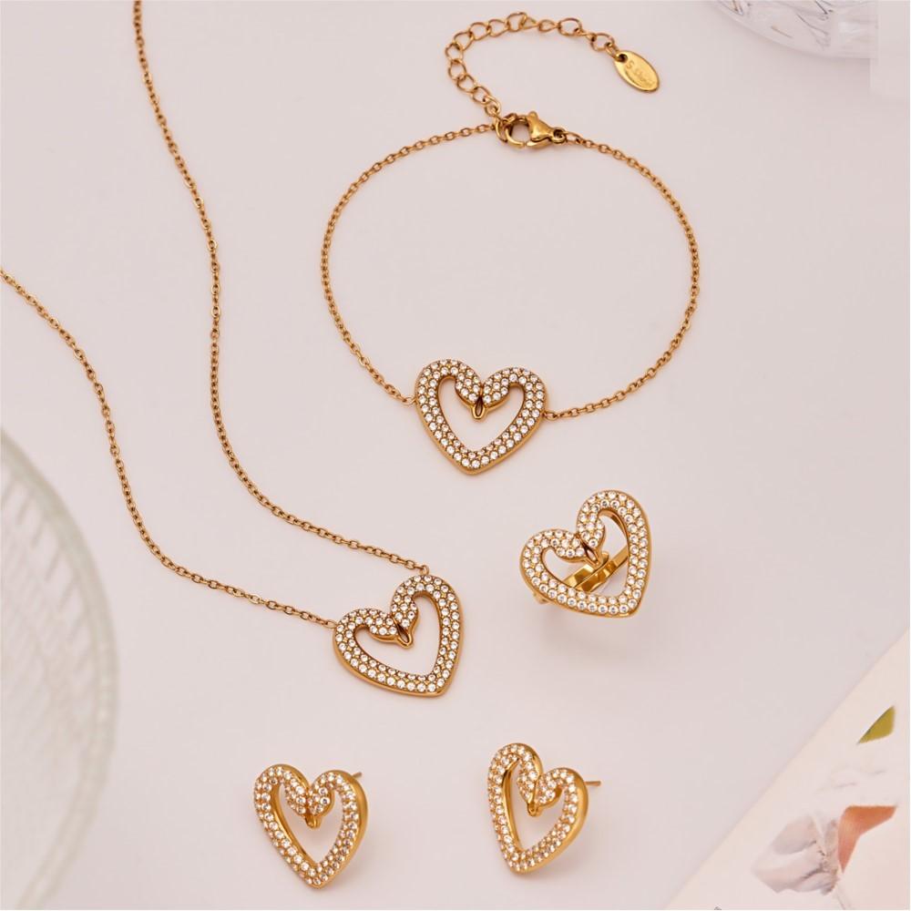 Boucles d'oreilles Bague Bracelet Collier Cœur de Cygne en Acier Inoxydable Chaîne Plaqué Or 18 carats Colliers Bracelets Bagues Boucles d'oreilles pour Femmes