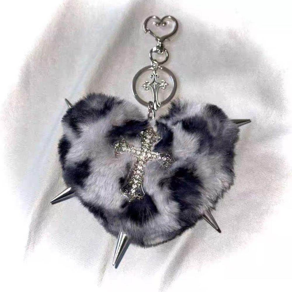 Bag Decoration Rivet Cross Keychain Rock Heart Punk Jewelry Leopard Print Keyring Jewelry Gift